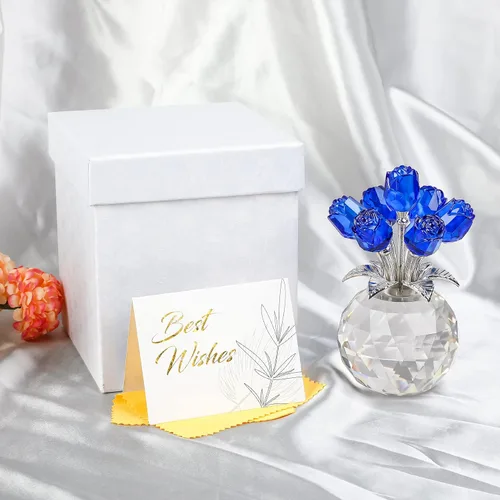 Miniatura 6 de YWHL Figura de flor de rosa azul de cristal con jarrón redondo, regalos de rosas para esposa, novia, regalos románticos para mamá en el día