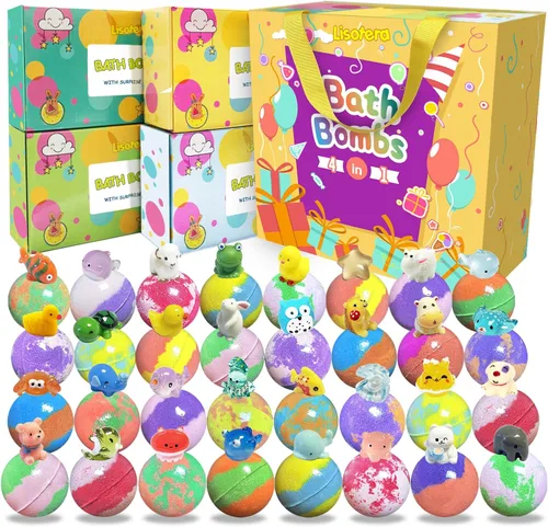 Bombas de baño para niños con sorpresa en el interior, paquete de 32 bombas de baño para niños con juguetes de animales terrestres y marinos,