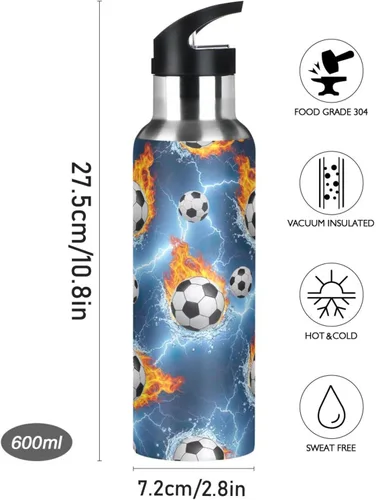 Miniatura 9 de Soccer Balls Water Flames Insulated Water Bottle 32 Oz, BPA-Free Sport Water Bottle Insulated Leakproof Water Bottles