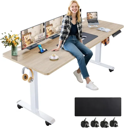 Miniatura 16 de farexon Escritorio eléctrico de pie de altura ajustable, escritorio de pie de 55 x 24 pulgadas con alfombrilla grande para el mouse, ruedas Negro