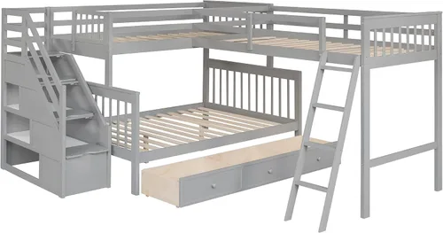 Miniatura 4 de Merax Litera con un loft adjunto, estructura de cama triple con cajones, barandillas y escaleras, plataforma gris, en forma de L, individual sobre