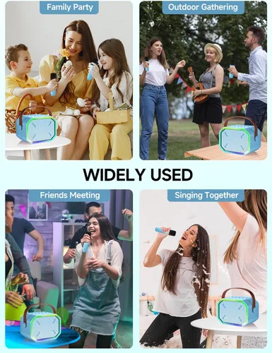 Miniatura 8 de Máquina de karaoke para niños y adultos, mini altavoz Bluetooth portátil con 2 micrófonos inalámbricos, luces LED para TV, regalos para niñas y Azul