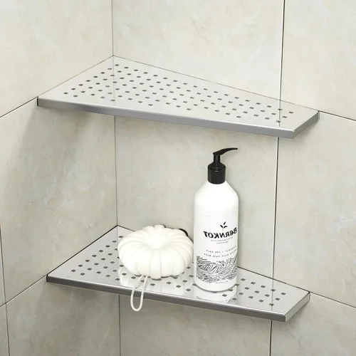 Miniatura 7 de Estante esquinero para ducha, color negro mate de 12 pulgadas con lechada trapezoidal en estante para champú, diseño de rejilla de acero inoxidable