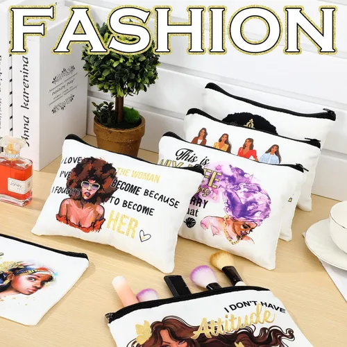 Miniatura 5 de Umigy 12 bolsas de maquillaje para niñas africanas, regalos para niñas negras, arte de melanina afro, bolsas de lona para cosméticos, divertidas