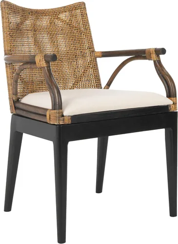 SAFAVIEH Home Collection - Gianni - Silla con brazo de ratán de madera maciza marrón y negro, asiento con acento costero tropical para sala de estar