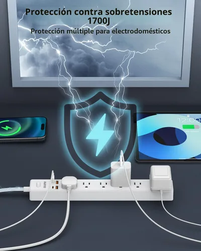 Miniatura 6 de Regleta protectora contra sobretensiones de 10 pies, 7 tomacorrientes, 4 puertos USB (2 USB C), cable de extensión plano ultrafino y enchufe plano