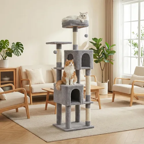 Miniatura 10 de Árbol para gatos de 45 pulgadas para gatos de interior, torre compacta para gatos con 2 condominios, cama hamaca y 5 juguetes de bola colgantes