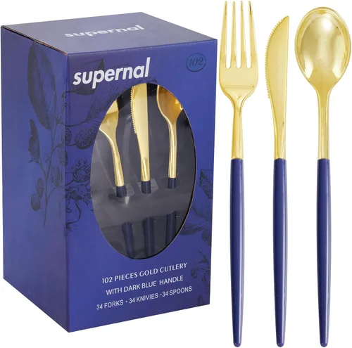 Miniatura 13 de Supernal 102 cubiertos de plástico dorados, cubiertos dorados con mango negro, colección de cubiertos desechables, incluye 34 tenedores de plástico
