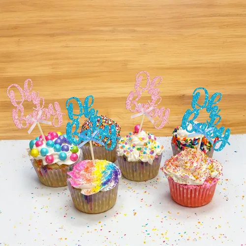 Miniatura 9 de Gyufise 36 piezas de decoraciones para cupcakes Oh Baby, arcoíris rosa y azul con purpurina, para baby shower, revelación de género, cupcakes para B