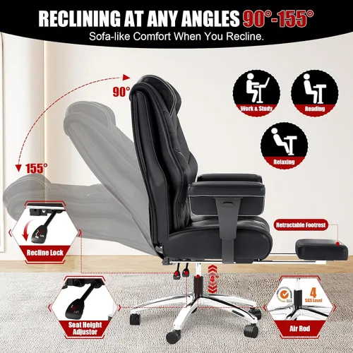 Miniatura 3 de Silla de oficina grande y alta de 400 libras, silla ejecutiva de cuero ergonómica ancha para personas pesadas con reposapiés, silla reclinable