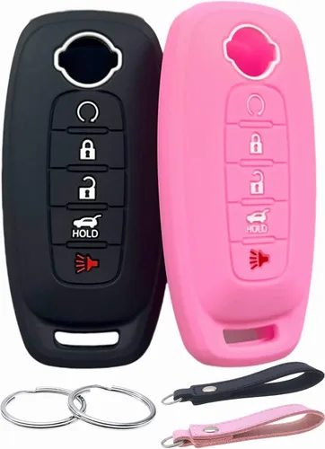 REPROTECTING Funda de goma de silicona para llavero compatible con Nissan Pathfinder Rogue (5 botones, negro/rosa)