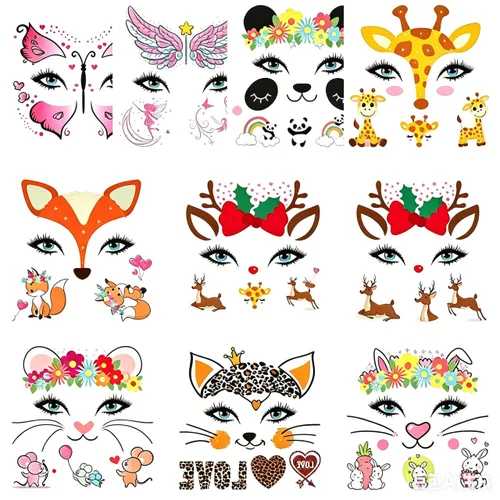 Tatuaje facial temporal de animales para niños, paquete de 10 calcomanías de pintura facial, rellenos de cesta de Pascua, Halloween, Navidad,