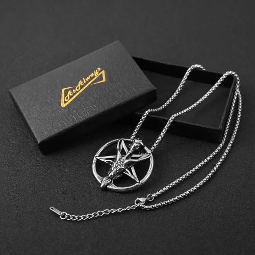 Miniatura 4 de AsAlways Demon Satan - Collar con colgante de calavera de cabeza de cabra con pentagrama invertido Acero inoxidable