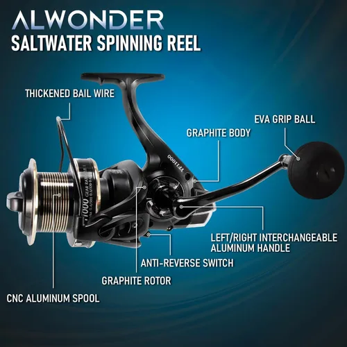 Miniatura 7 de Alwonder Carrete giratorio de agua salada 10000/11000 carrete de pesca de surf grafito 13+1 acero inoxidable BBS 35LB Max Drag Heavy Duty Surf