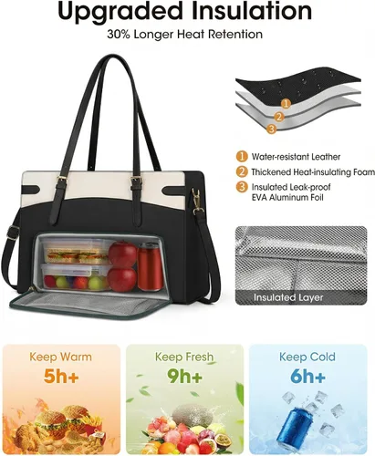 Miniatura 3 de RAINSMORE Bolsa para portátil 2 en 1 con compartimento de almuerzo aislado para mujeres, bolsa de trabajo de piel sintética de 15.6 pulgadas