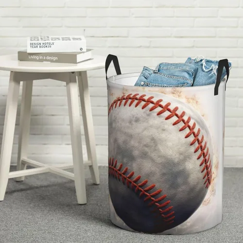 Miniatura 8 de Cesta circular con estampado de béisbol, impermeable, organizador de almacenamiento, cesta de lavandería con asas para ropa, juguetes, tamaño mediano