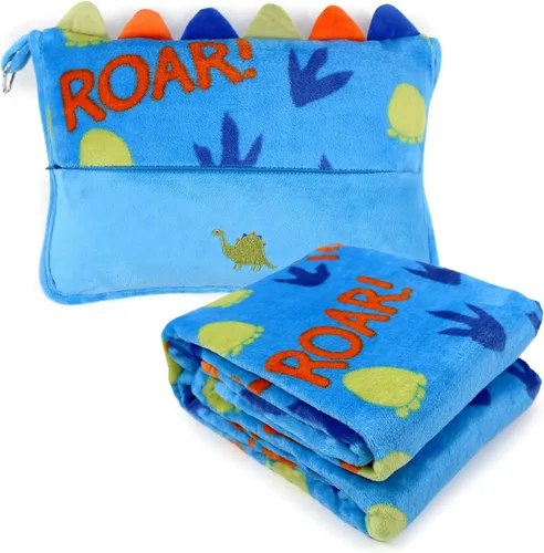 Miniatura 10 de Juego de almohada y cobija de viaje 3 en 1 para niños - 102x152cm, almohada de felpa con calentador de manos, cobija con diseño de dinosaurio