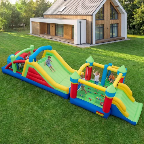 Miniatura 9 de BOUNTECH Casa de rebote inflable con obstáculos, enorme castillo hinchable seccional para niños grandes de 3 a 12 años con toboganes dobles
