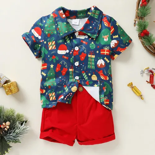 Miniatura 7 de JEELLIGULAR Conjunto de pantalones cortos y camisa con botones y estampado de Papá Noel para niños pequeños