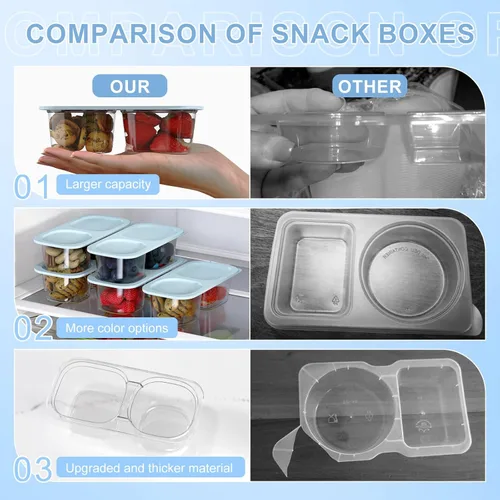 Miniatura 8 de Paquete de 10 recipientes reutilizables para aperitivos con tapas, 2 compartimentos, caja pequeña de aperitivos Bento, sin BPA, accesorios