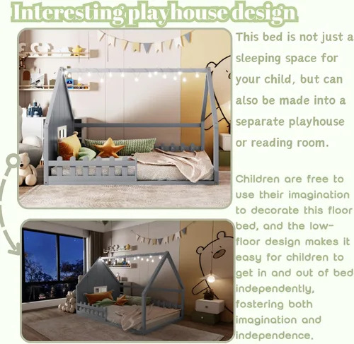 Miniatura 4 de Bellemave Cama de casa tamaño matrimonial, cama de piso de madera para niños, cama Montessori con barandillas y listones para niños y niñas, altura