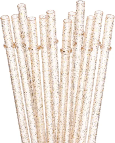 Dakoufish 12 popotes reutilizables de 11 pulgadas, popotes de plástico con purpurina dorada y un cepillo de limpieza (11 pulgadas, purpurina dorada