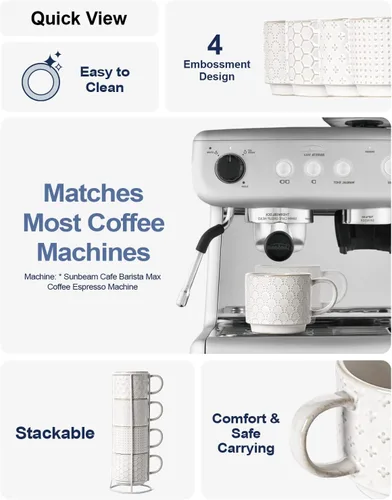 Miniatura 4 de LE TAUCI Juego de tazas de café apilables con soporte, tazas de espresso de cerámica para Au Lait, capuchino, café con leche, café, moca, té