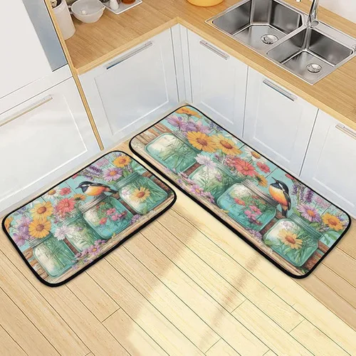Miniatura 12 de Alfombras de cocina con girasoles para cocina, 2 piezas de búfalo a cuadros, girasol, antifatiga, alfombra antideslizante para piso, alfombra