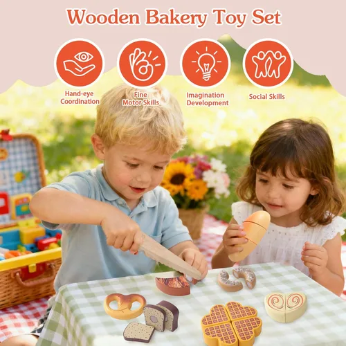 Miniatura 4 de Juguetes de madera para niños pequeños, juego de corte para hornear para niños, juego de simulación de panadería de cocina para niños, regalo