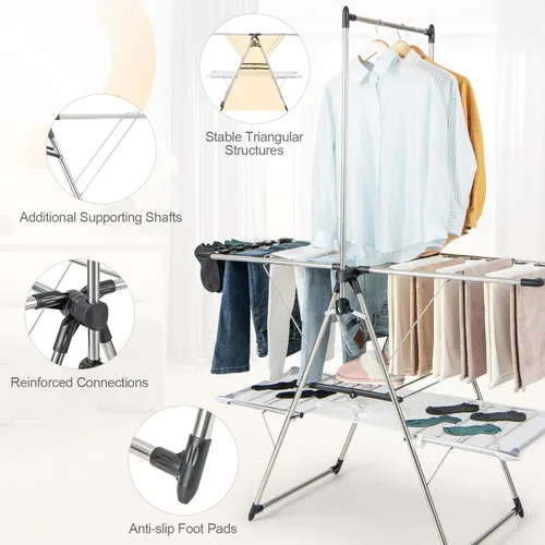 Miniatura 8 de Tangkula Estante de secado de ropa plegable, estante de secado de ropa de 2 niveles con barra colgante alta, ala de gaviota ajustable en altura