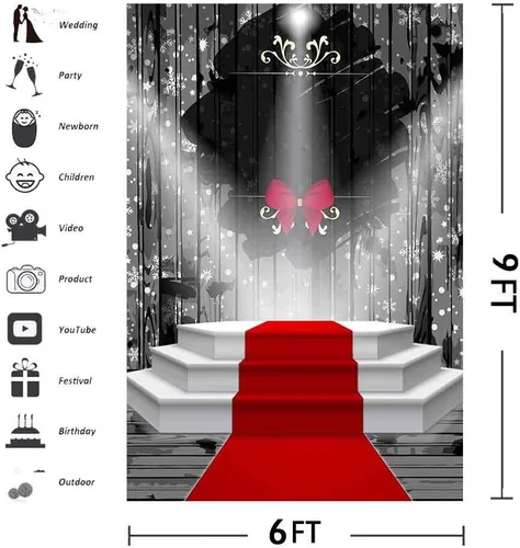 Miniatura 4 de Telón de fondo de fotografía de escenario de alfombra roja de 6 x 9 pies, copo de nieve, cortina negra, con lazo, para bebé, niños, adultos