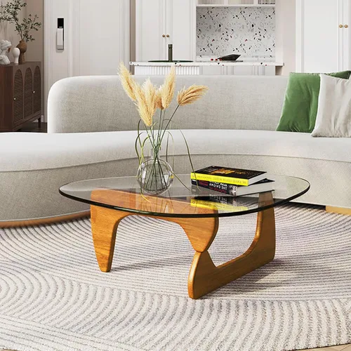 Mesa de Centro Triangular con Base de Madera, Superficie de Vidrio Transparente, Mesa de Vidrio de Mediados de Siglo, Mesa Auxiliar Abstracta para
