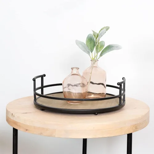 Miniatura 9 de Stratton Home Decor Bandeja redonda de metal y madera Bandeja decorativa de mesa de café de madera para superficies de mesa vacías Bandeja