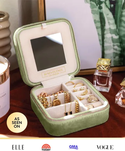 Miniatura 5 de Estuche de viaje para joyas de terciopelo de felpa, caja organizadora pequeña con espejo para mujer, color verde muérdago