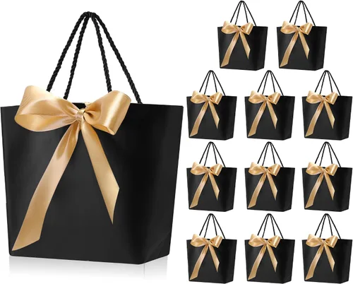 Outus 12 bolsas de regalo negras para novia con lazo y asas de cinta dorada, bolsas de papel de agradecimiento para bodas, despedidas de soltera,