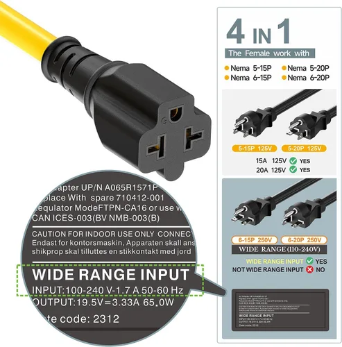 Miniatura 3 de [4 en 1] Cable adaptador de CA para el hogar de 12 AWG de 15 amperios a hoja T de 20 amperios, NEMA 5-15P a 5-15R/ 5-20R/ 6-15R/ 6-20R, adaptador