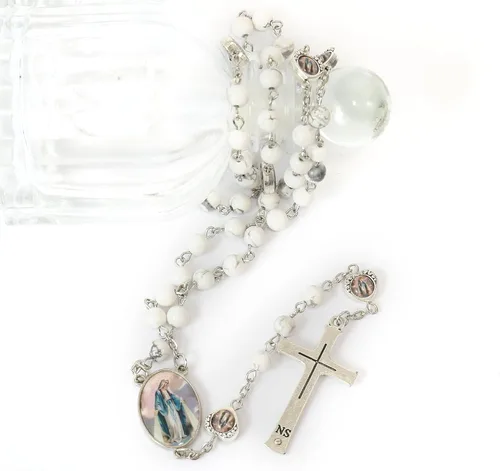 Miniatura 6 de Nazareth Store Cuentas de piedra natural con corazón de epoxi milagroso, cuentas de metal, collar de rosario, regalos cristianos de piedras preciosas