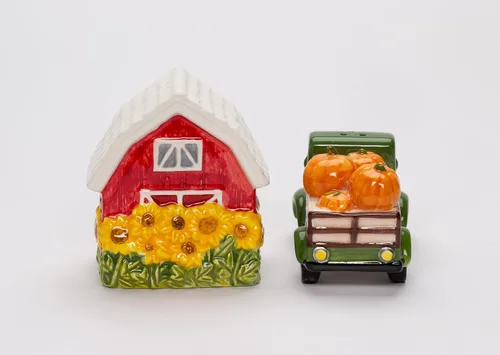 Miniatura 4 de Juego de salero y pimentero de cerámica fina de cosecha de Acción de Gracias, camión de calabaza y girasoles, 3.5 pulgadas de largo