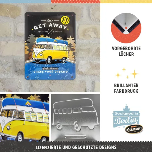 Miniatura 3 de Nostalgic-Art Cartel de hojalata retro – Volkswagen Bulli T1 – Let's Get Away Night – Idea de regalo de autobús VW, placa de metal, 5.9 x 7.9 in