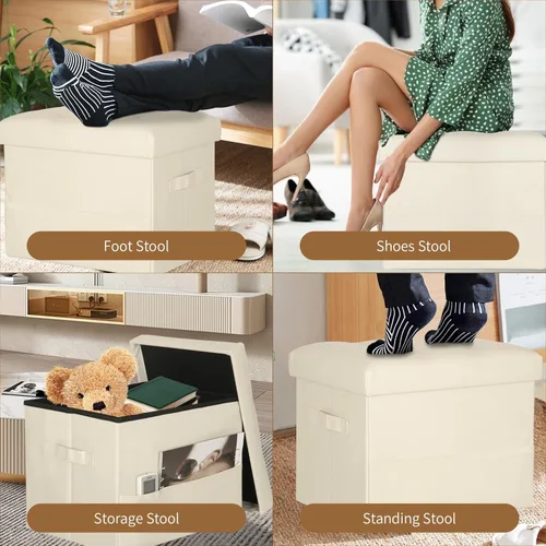 Miniatura 3 de BelugaHelper Otomana de almacenamiento reposapiés taburete, banco reposapiés de cuero plegable con asiento acolchado de espuma más gruesa. Taburete