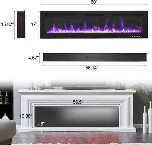 Miniatura 4 de Chimenea eléctrica de 60 pulgadas montada en la pared y empotrada con control remoto, inserciones de chimenea de pared ultrafinas de 750 W/1500 W