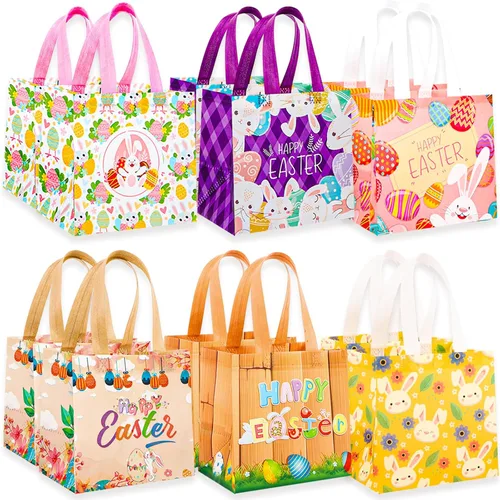Paquete de 12 bolsas de caza de huevos de Pascua de 8 x 8 x 6 pulgadas, 6 diseños únicos, diseño colorido de huevos de conejito de primavera, bolsas