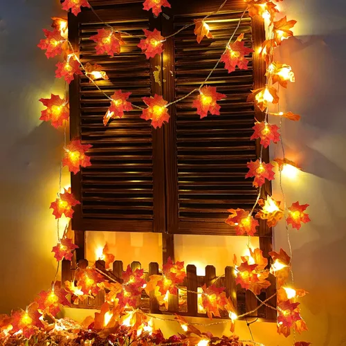 Miniatura 4 de TURNMEON Paquete de 2 decoraciones de Acción de Gracias con hojas de arce agrandadas, luces totales de 20 pies y 40 LED, decoraciones de otoño