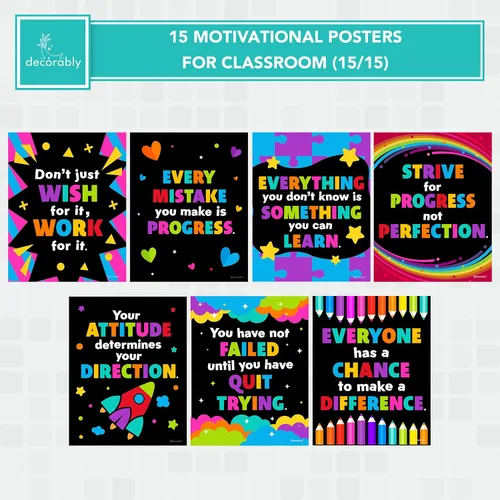 Miniatura 7 de Decorably 15 carteles motivacionales de pizarra para niños, 11 x 14 pulgadas, laminado mate, decoración de pared motivacional para aulas, tablones