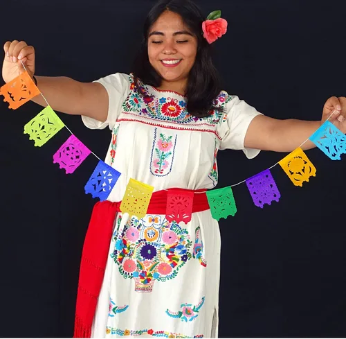 Miniatura 7 de Banderas pequeñas de papel picado, paquete de 5 unidades, decoraciones de pancarta de fiesta de 15 pies de largo, guirnalda de papel multicolor