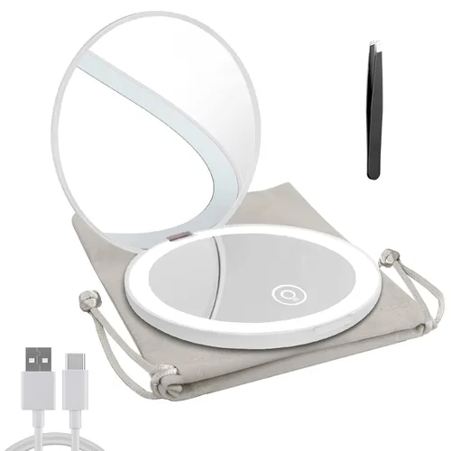Miniatura 14 de Espejo compacto con luz LED, espejo recargable con aumento 1x/10x, 3.5 pulgadas, espejo de viaje regulable para bolso, bolsillo, espejo de Oro rosa
