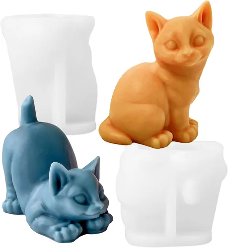 Wehous 2 moldes de silicona para gatos, moldes de jabón de resina de animales 3D, lindo molde de fondant de animales para decoración de pasteles de