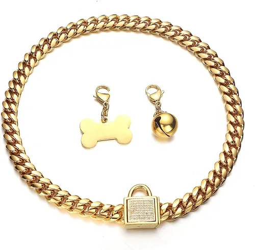 Miniatura 5 de Collar plateado para perro, collar de cadena de eslabones cubanos con hebilla de circonita, etiqueta de identificación y campana, a prueba