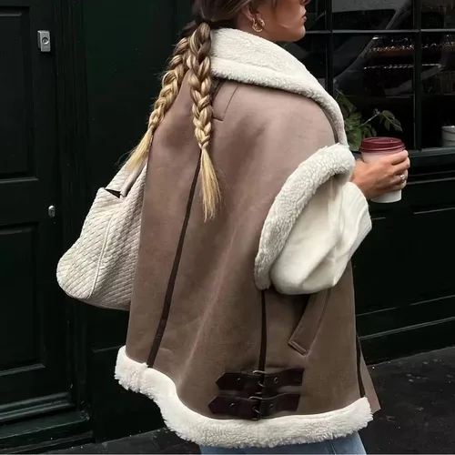 Miniatura 4 de APAFES Chaleco de gamuza de piel de invierno para mujer, cuello alto, sin mangas, forro polar