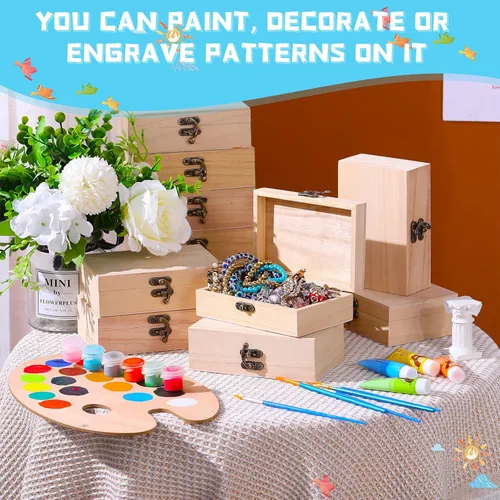 Miniatura 5 de Tuanse 12 cajas de madera sin terminar con tapa con bisagras, pequeña artesanía sin pintar, caja de almacenamiento rectangular de regalo del tesoro